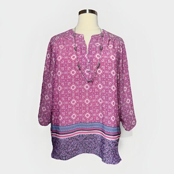 Kim Rogers Tops - Kim Rogers Tunic Women’s Size 3X Pink Floral Top 3/4 Roll Tab Sleeve Boho